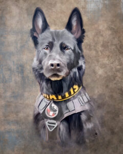 K9 Mattis Hand-rendered digital portrait of K9 Mattis, a German Shepherd police dog, by Wet Nose Creative. Featured in the book "My Dog Mattis"