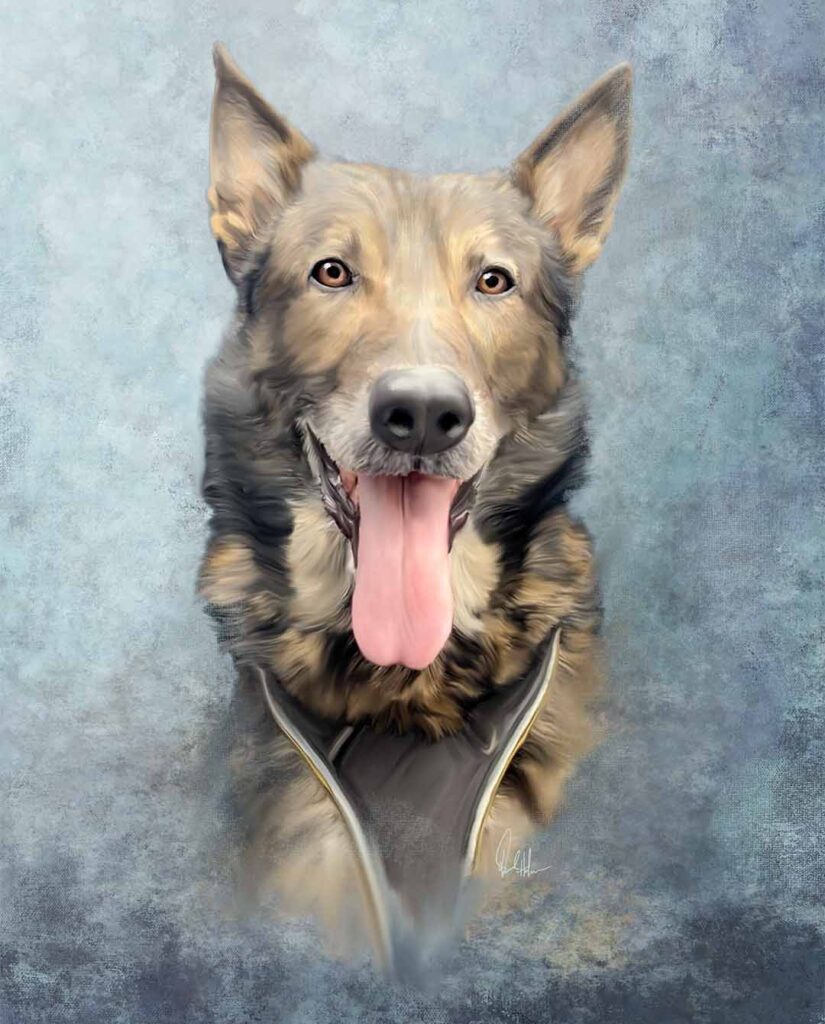 Hand-painted digital dog portrait created in Photoshop